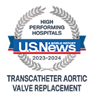 U.S. News High Performing Hospitals badge for Transcatheter Aortic Valve Replacement